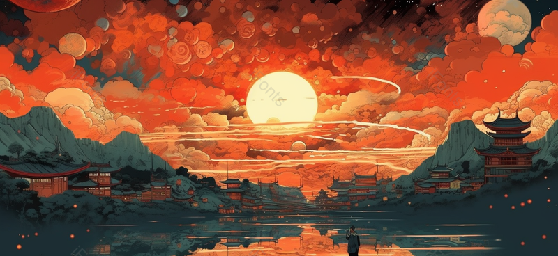 国潮天空云团太阳山水湖泊插画背景,插画/手绘图,插画/手绘图库,插画/手绘图下载,插画/手绘